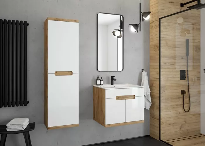 Szafka łazienkowa 60 cm Ronda New złoty dąb, biała z umywalką