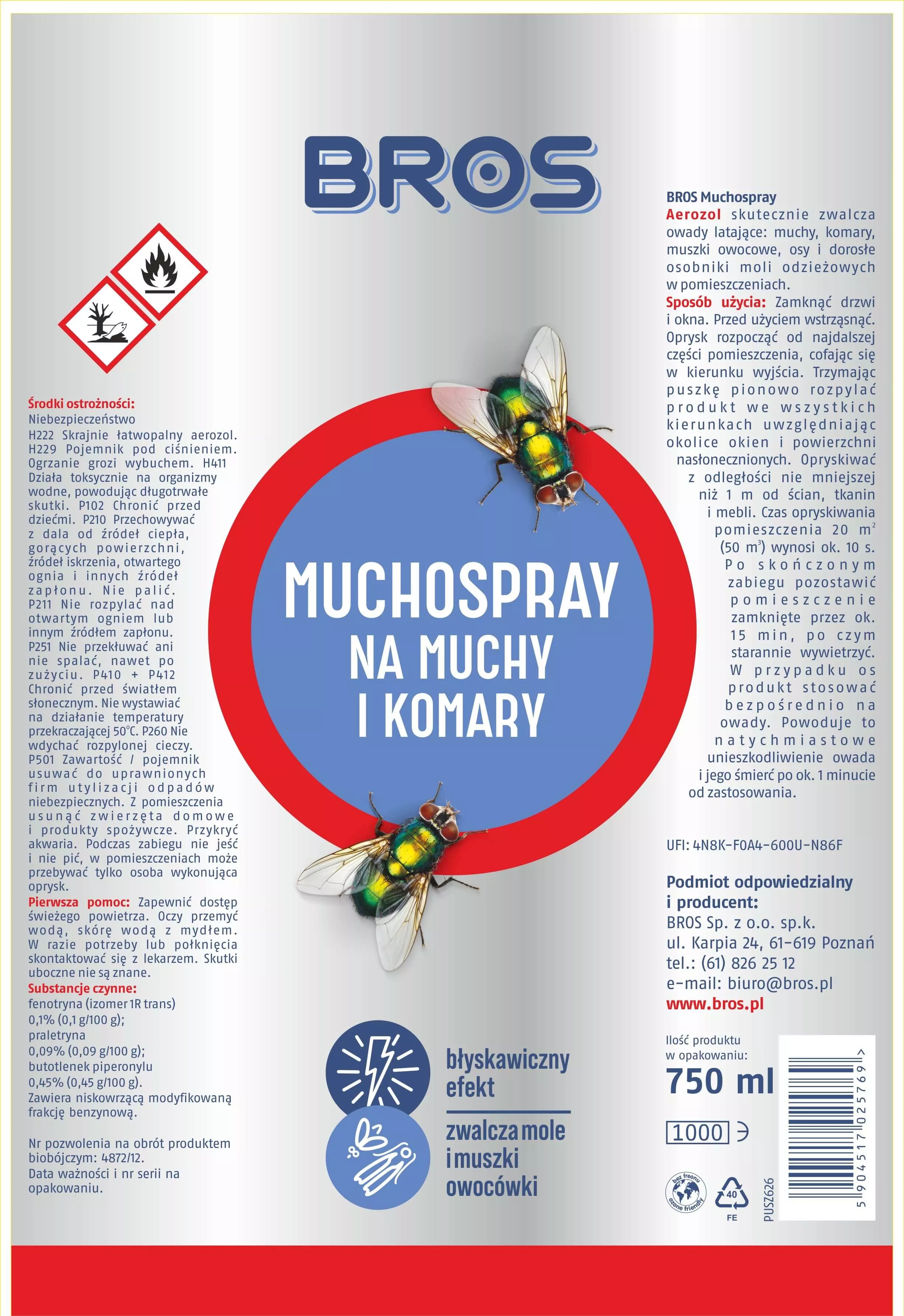 Preparat do zwalczania owadów latających Muchospray 750 ml BROS