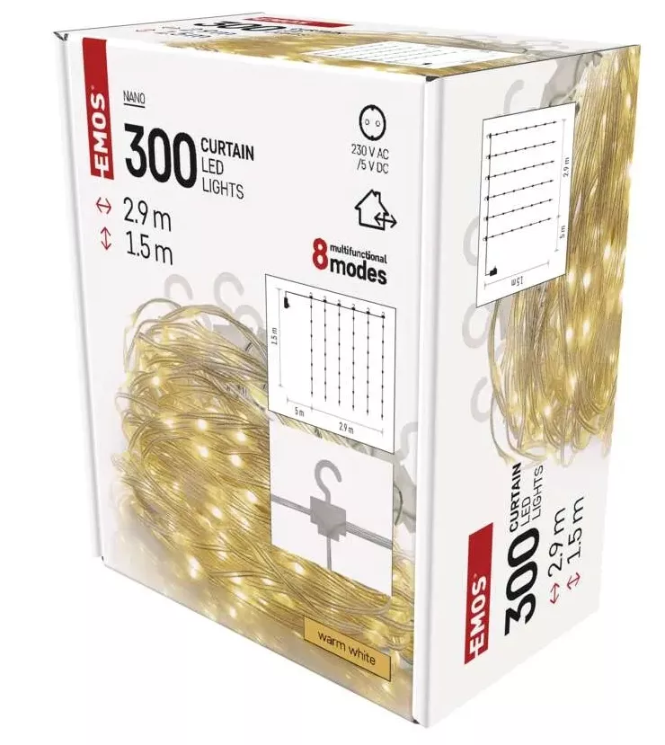 Kurtyna - 180 LED 2.9x1.5m ciepła biel 8 programów